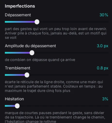 Réglages d'humanisation de l'aimbot BR1 : dépassement, tremblement, hésitation